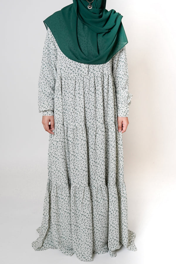 White Ditsy Floral Buttoned Tiered Abaya