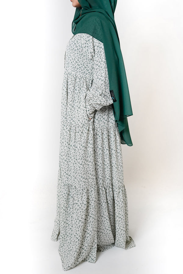 White Ditsy Floral Buttoned Tiered Abaya