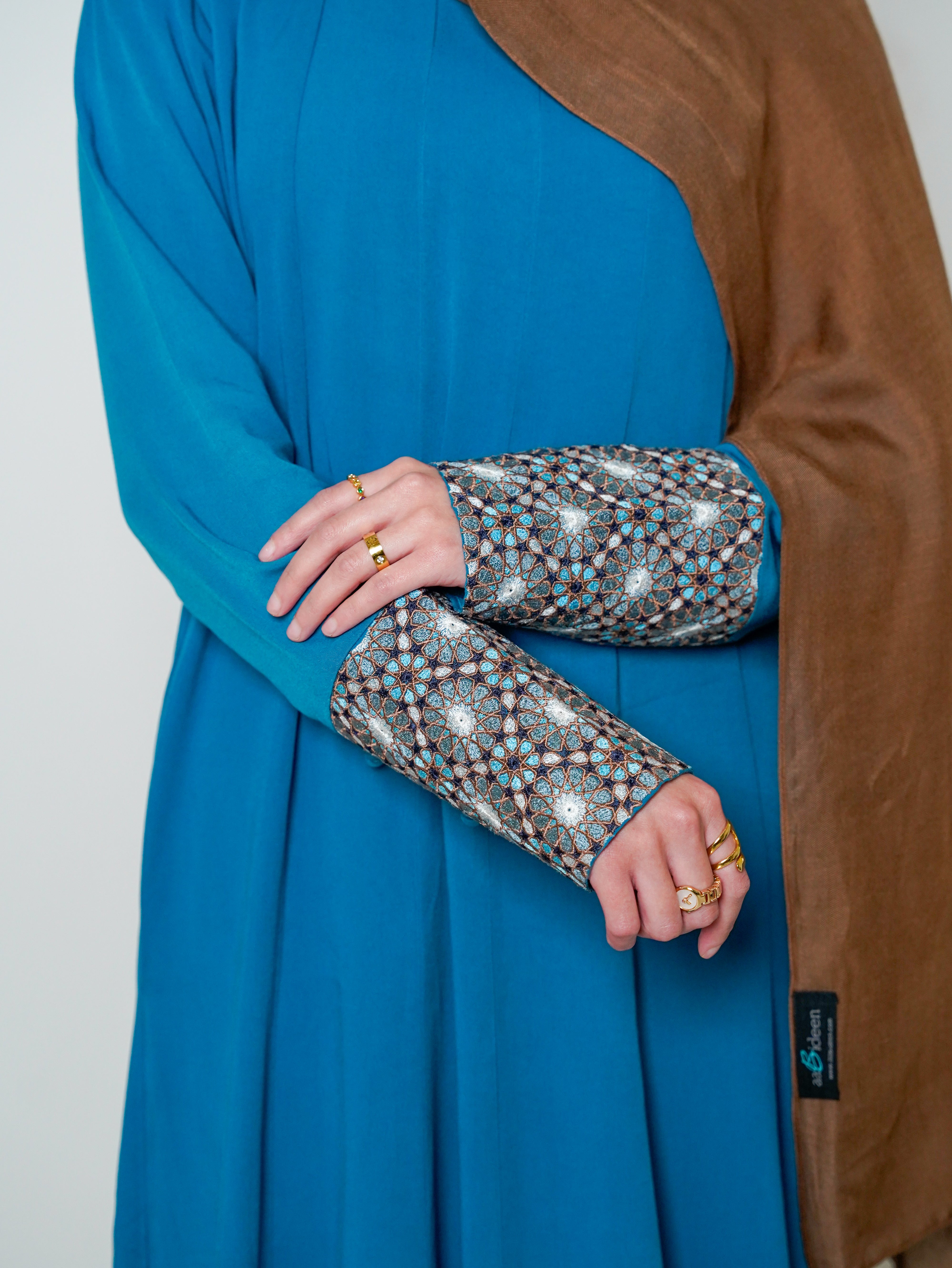 Luxury Caspian Blue Embroidered Cuff Abaya