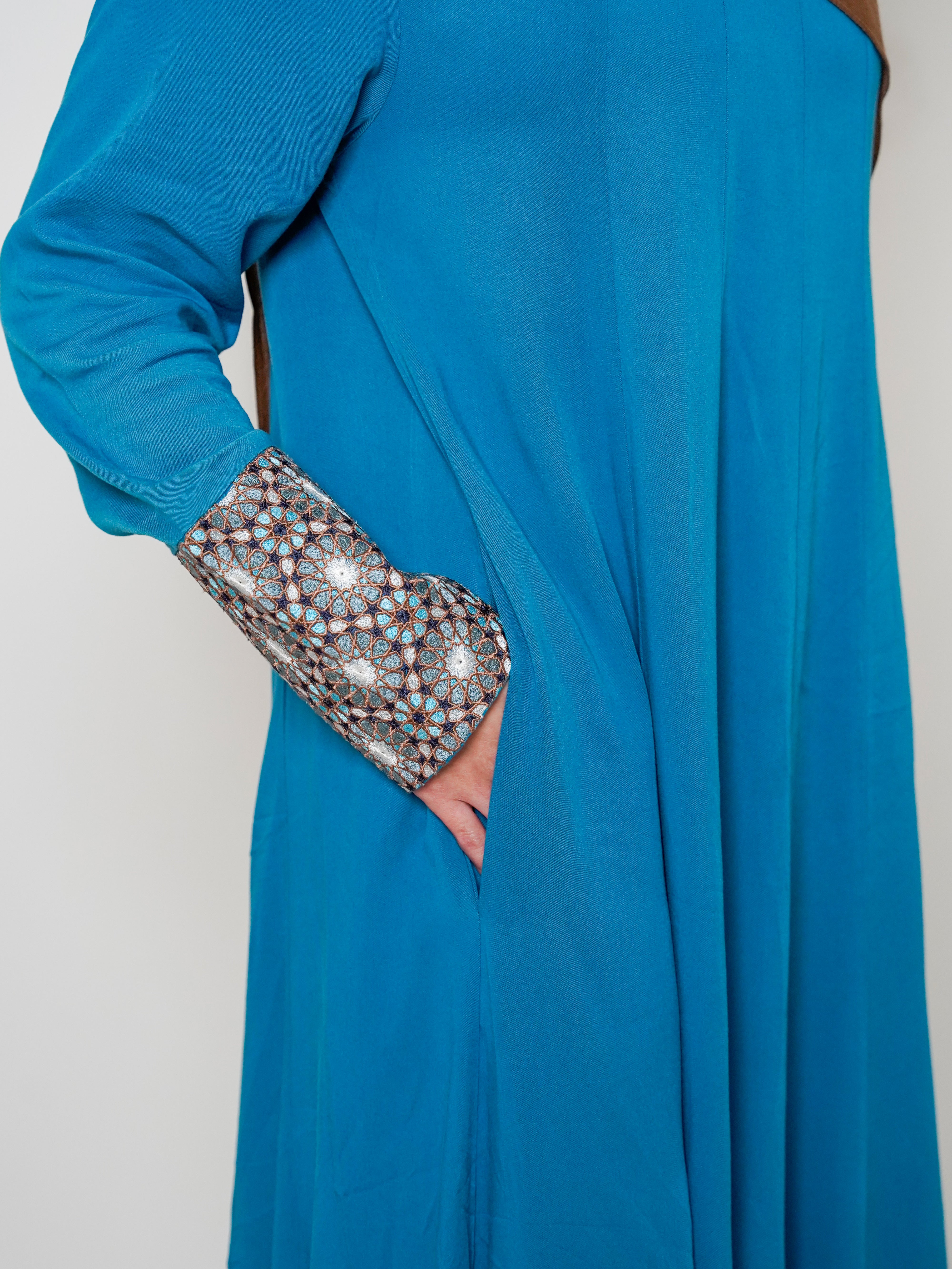 Luxury Caspian Blue Embroidered Cuff Abaya