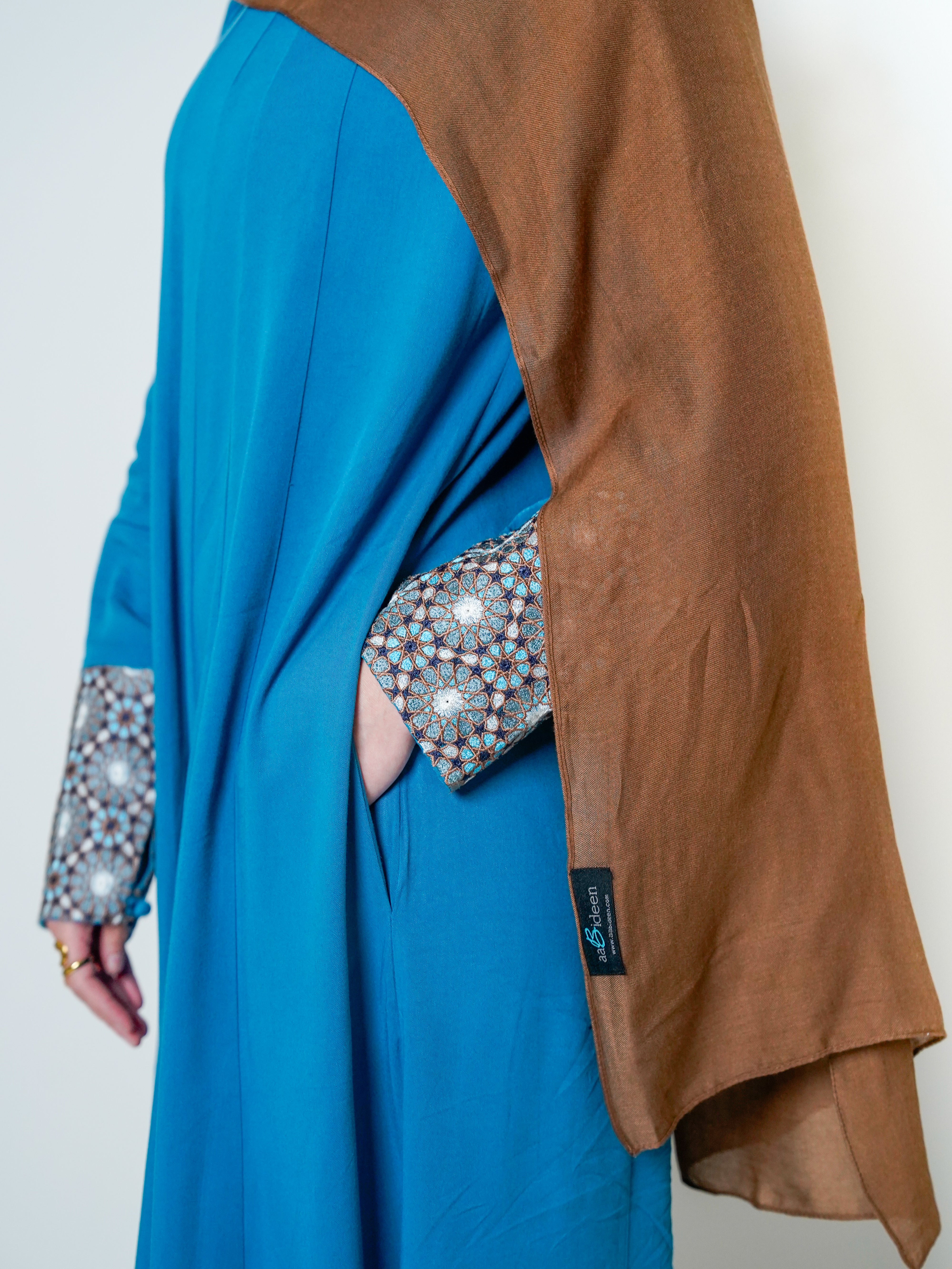 Luxury Caspian Blue Embroidered Cuff Abaya