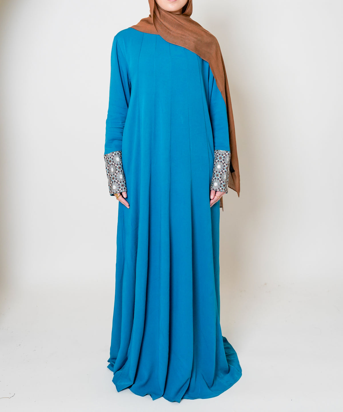 Luxury Caspian Blue Embroidered Cuff Abaya