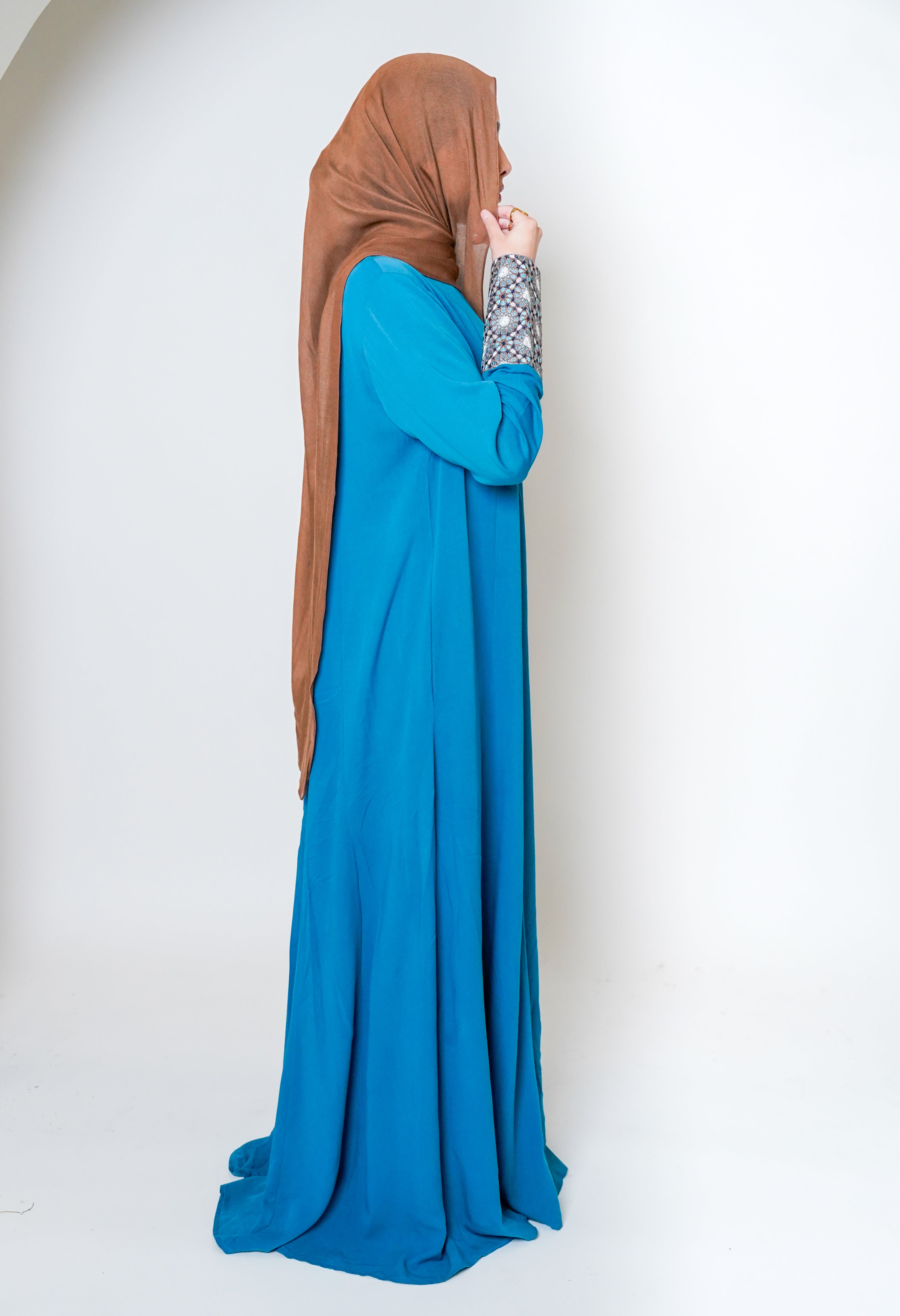 Luxury Caspian Blue Embroidered Cuff Abaya