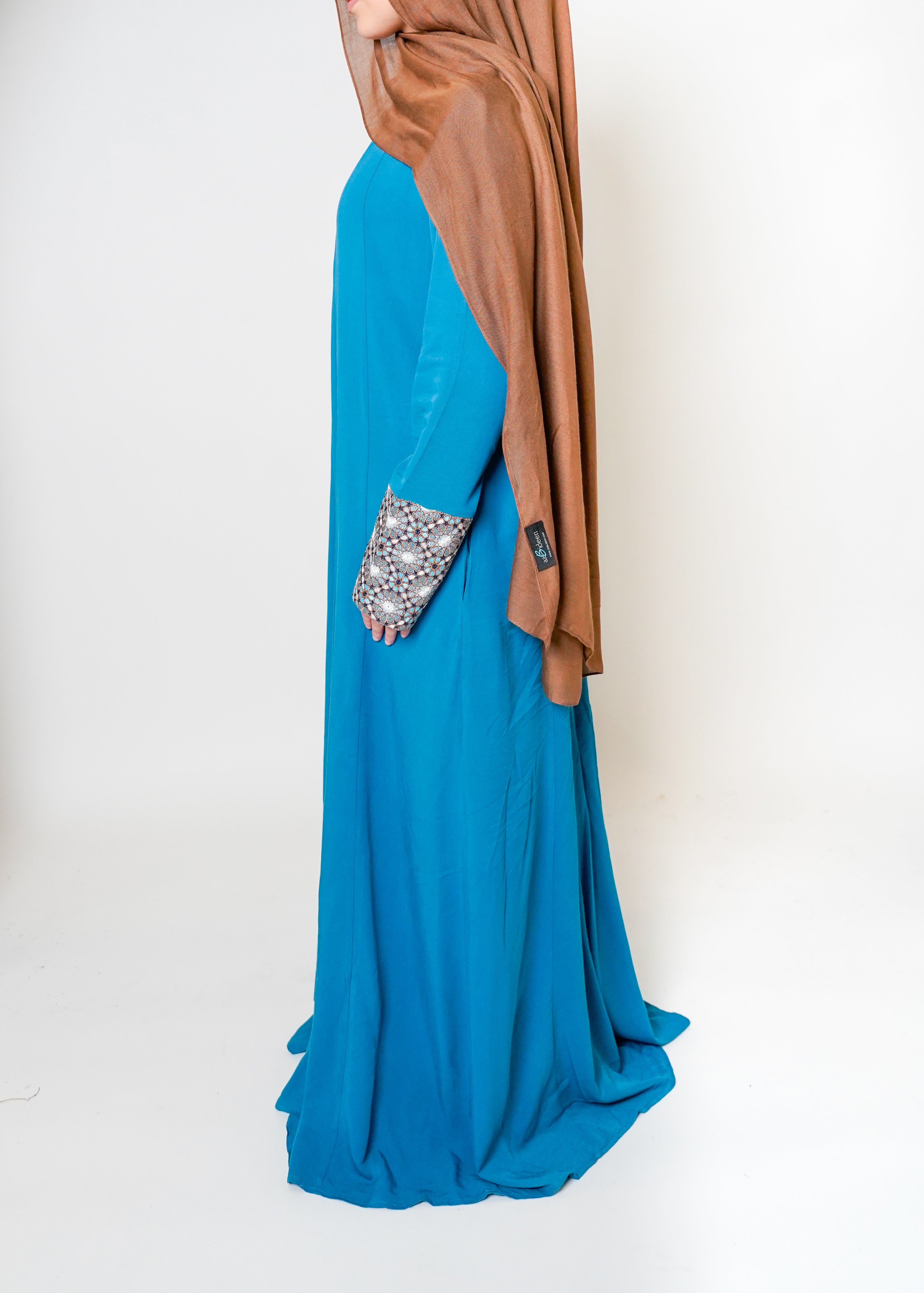 Luxury Caspian Blue Embroidered Cuff Abaya