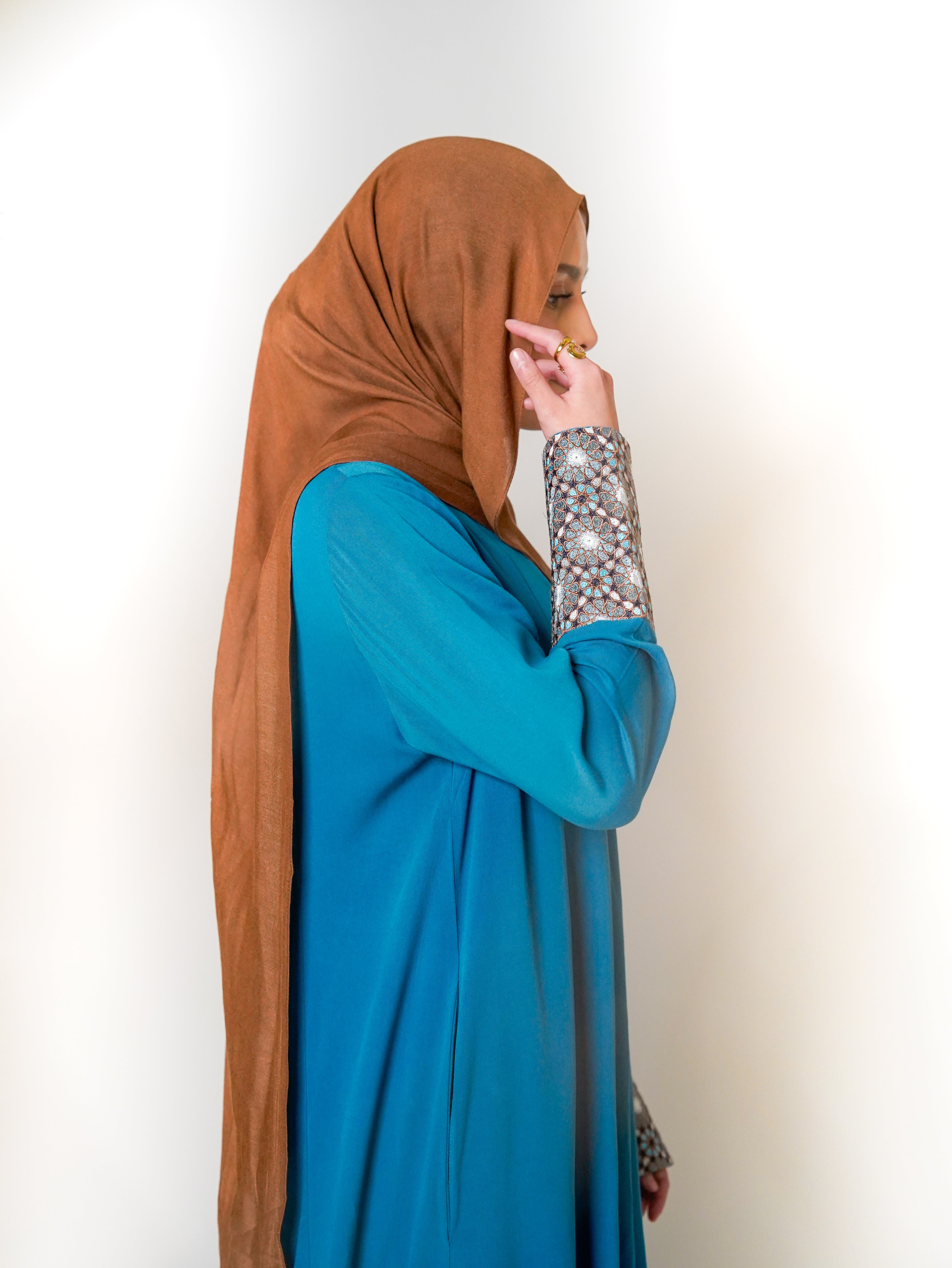 Luxury Caspian Blue Embroidered Cuff Abaya