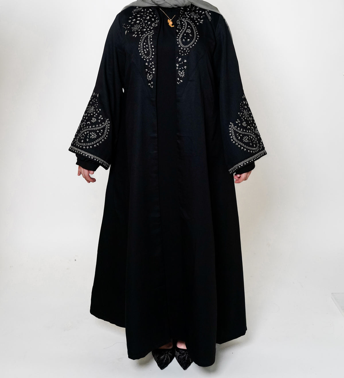 Black & White Embroidered Open Abaya