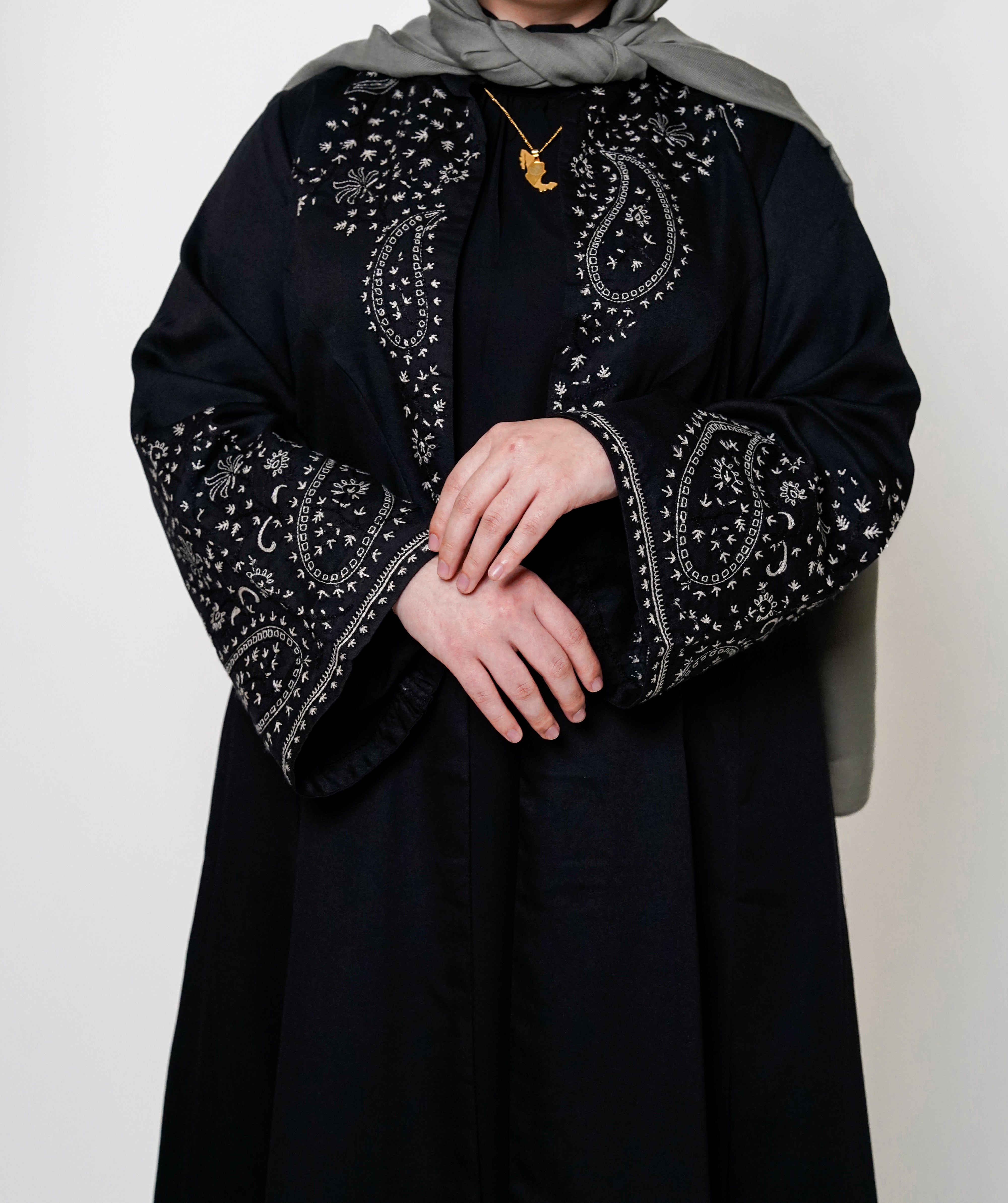 Black & White Embroidered Open Abaya