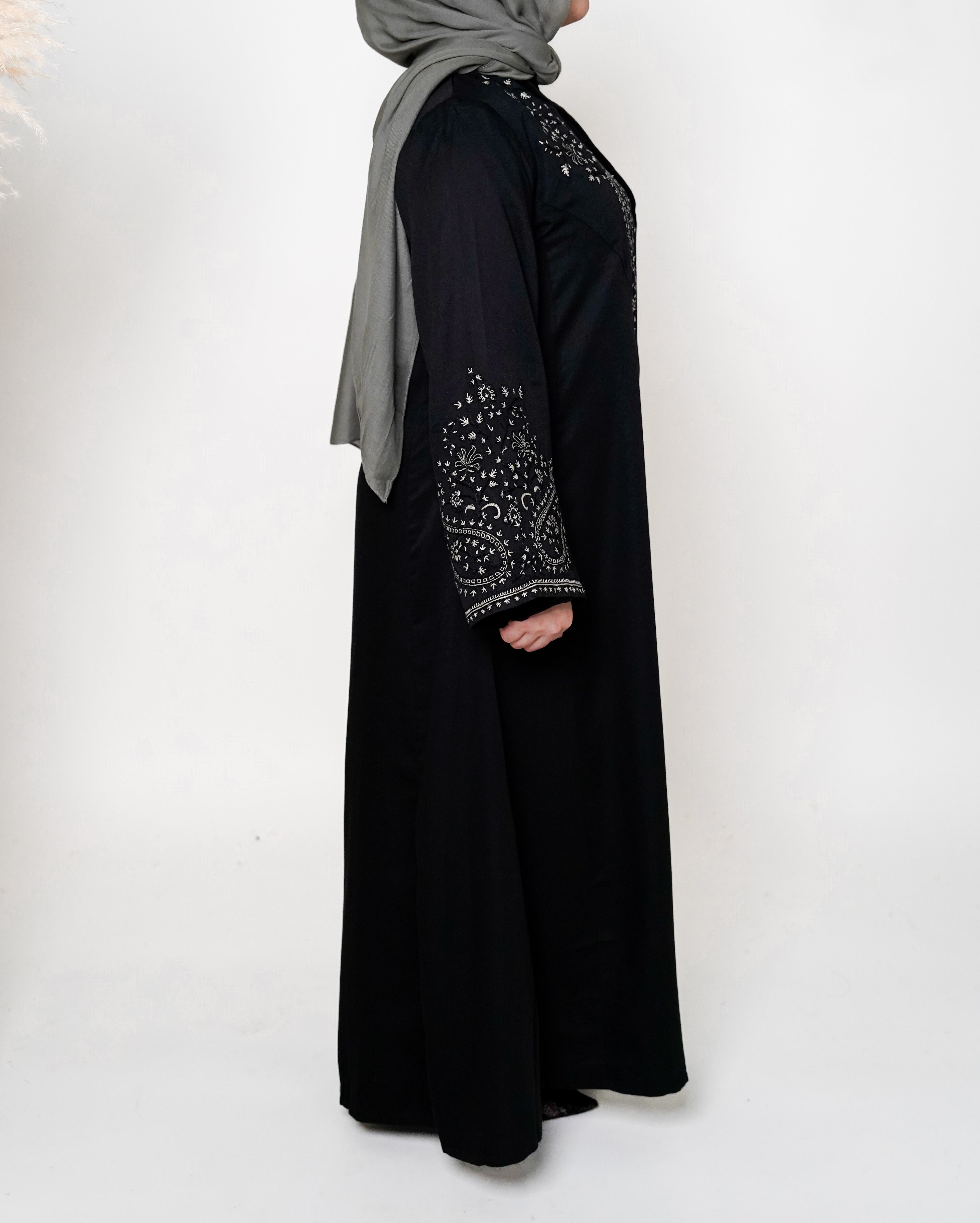 Black & White Embroidered Open Abaya