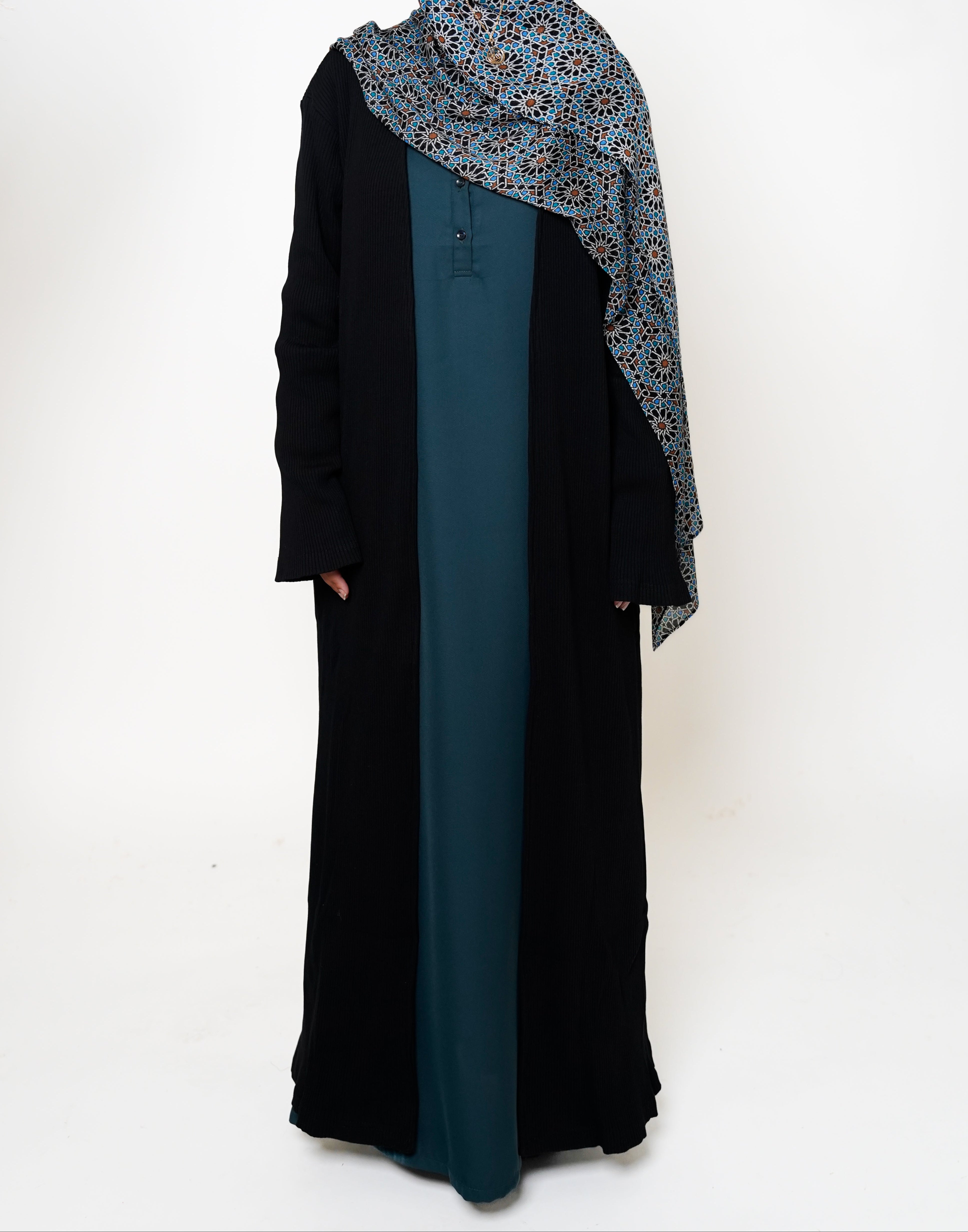 Black Ribbed Open Abaya