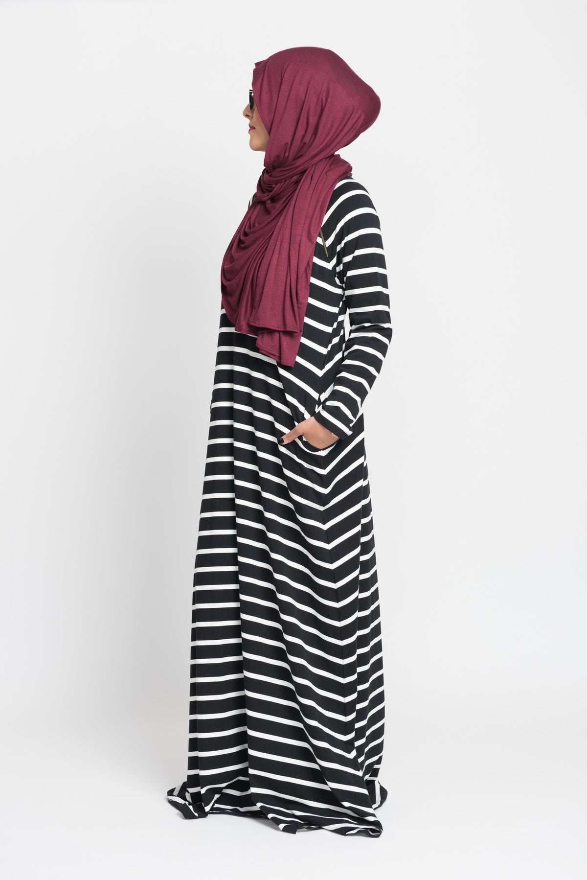 Black and White Stripe Double Zip Abaya