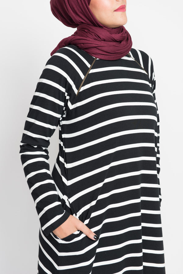 Black and White Stripe Double Zip Abaya