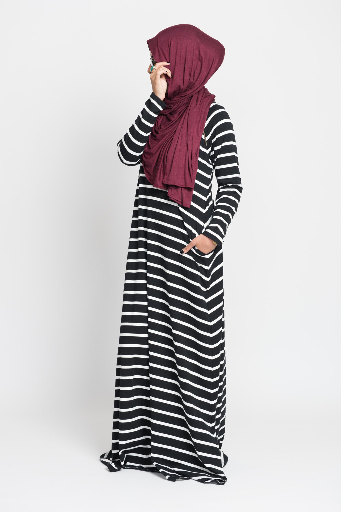 Black and White Stripe Double Zip Abaya