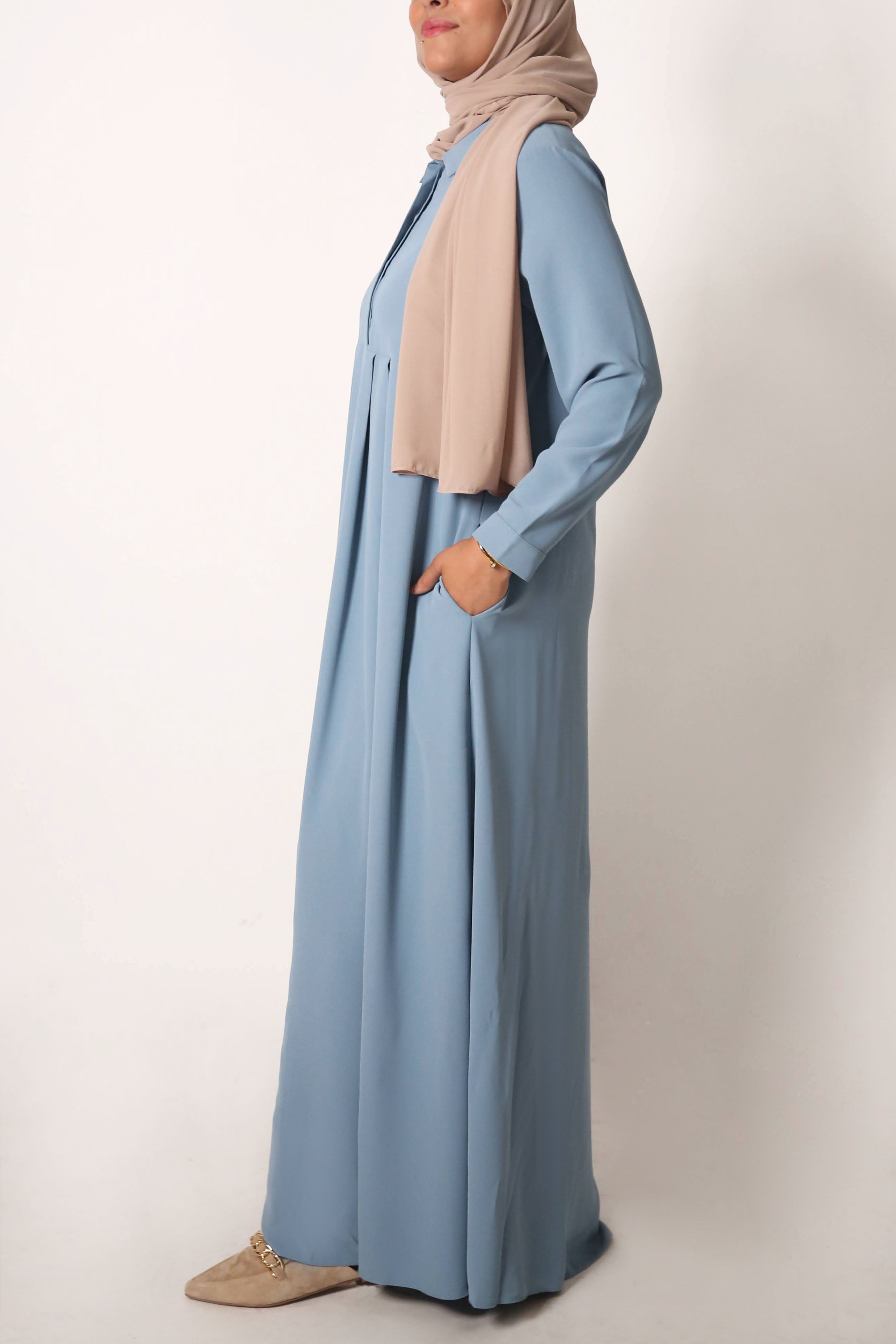 Dusty Blue Box Pleated Abaya