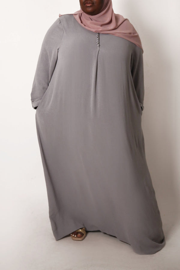 Grey Button Front Crinkle Abaya