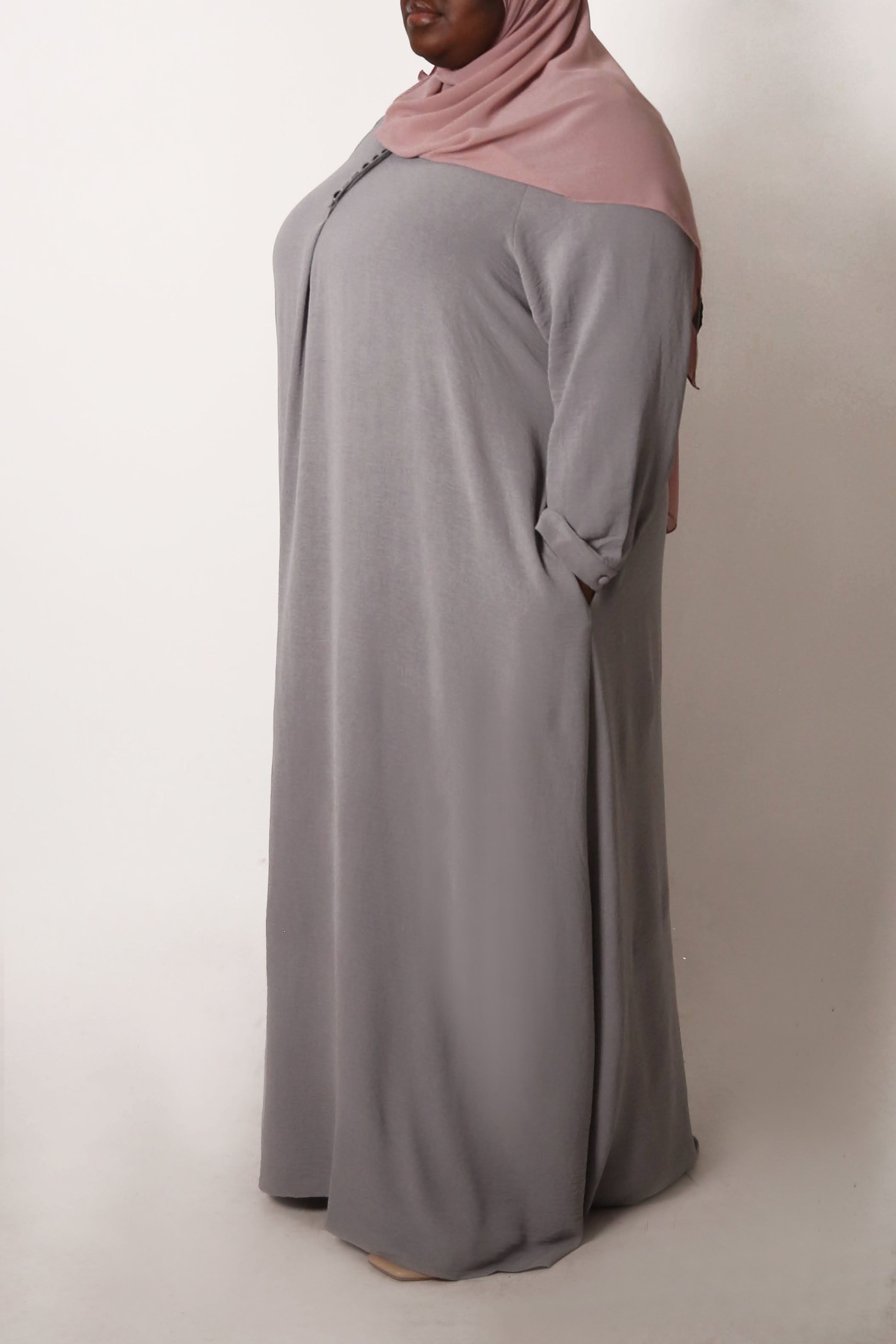 Grey Button Front Crinkle Abaya