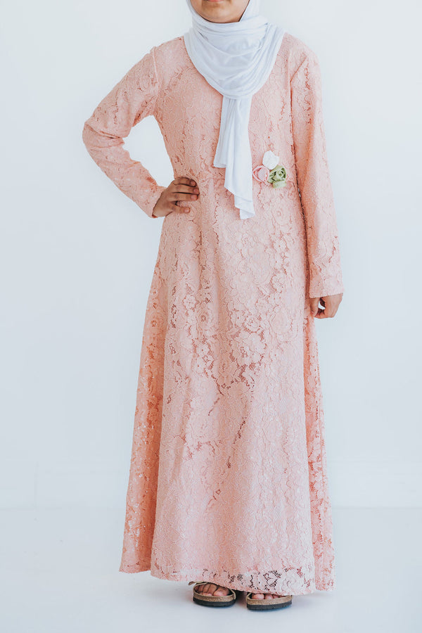 Girl's Peach Lace Formal Abaya