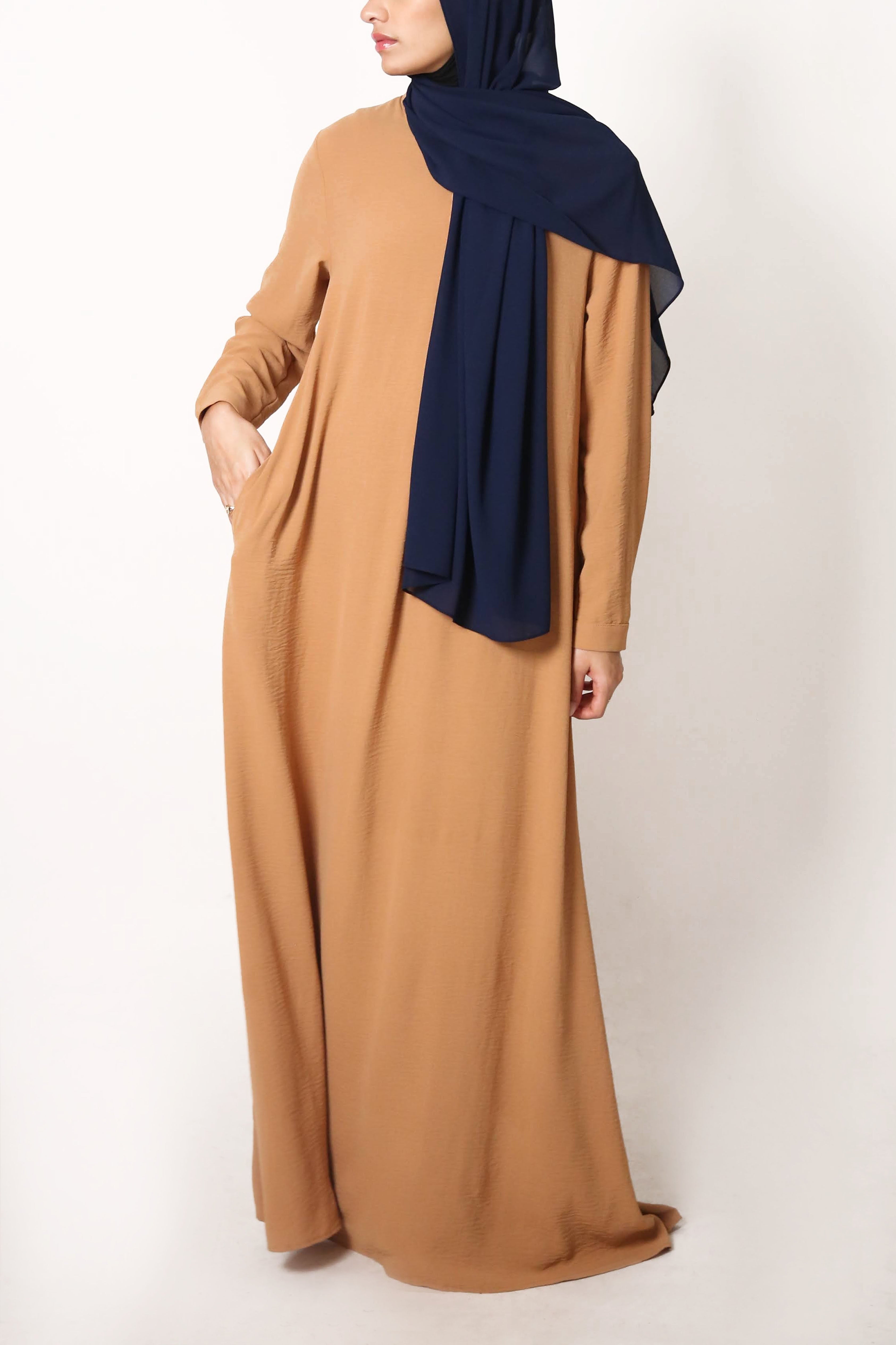 Camel Tan Button Front Crinkle Abaya