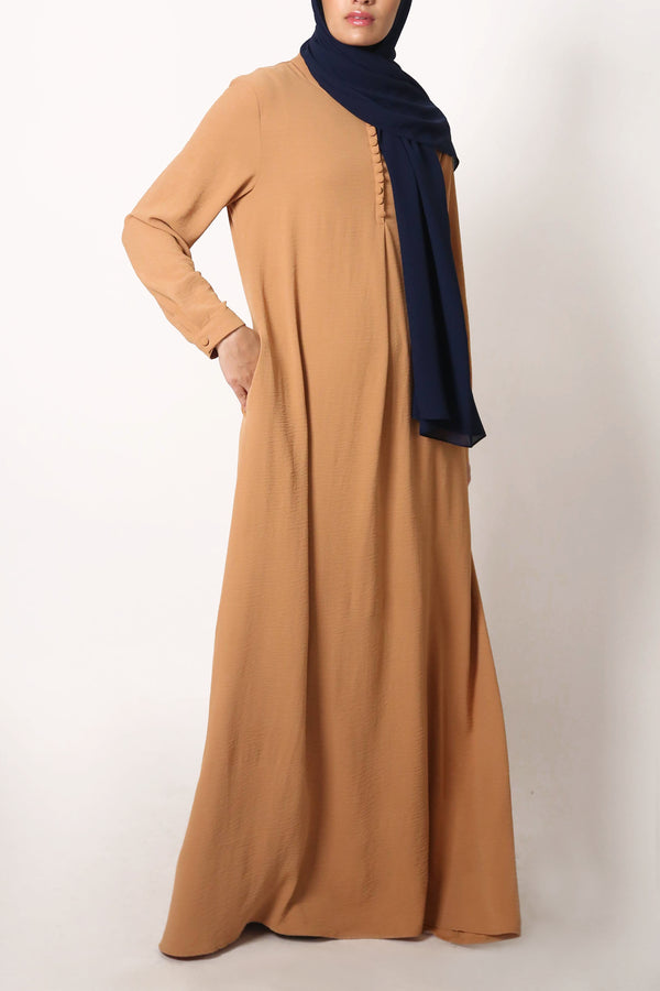 Camel Tan Button Front Crinkle Abaya