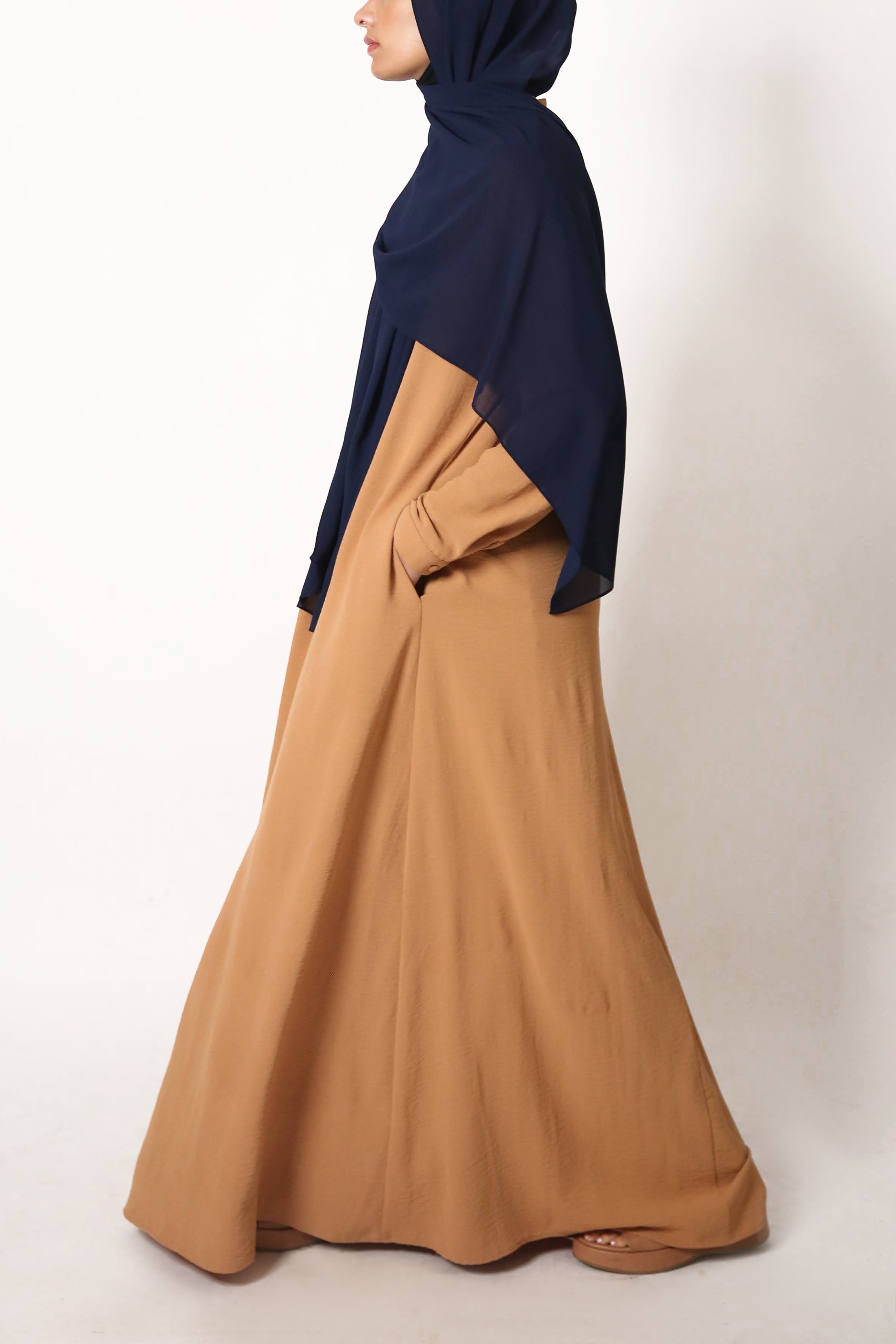 Camel Tan Button Front Crinkle Abaya