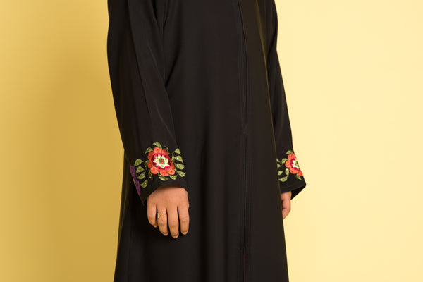 Girl's Black Embroidered Open Front Abaya