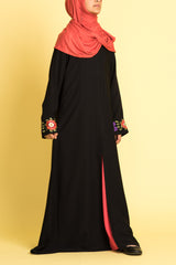 Girl's Black Embroidered Open Front Abaya