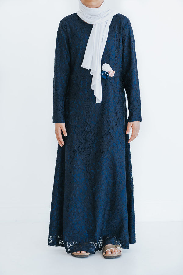 Girl's Navy Lace Formal Abaya