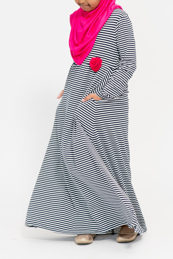 Girl's Navy Stripe Fuschia Corsage Abaya